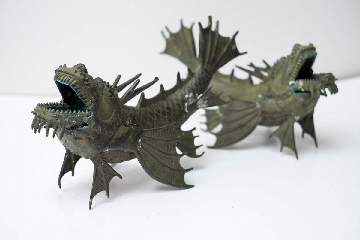 Pair Vintage Bronze Shachihoko Dragon Fish Guardians, Japanese-Inspired East Asian Mythical Sculptures, Patinated Metal Art