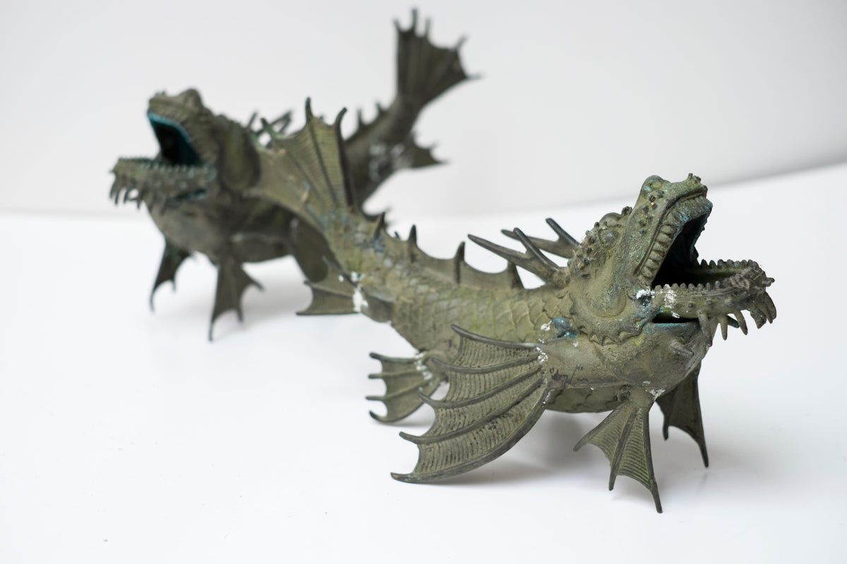 Pair Vintage Bronze Shachihoko Dragon Fish Guardians, Japanese-Inspired East Asian Mythical Sculptures, Patinated Metal Art