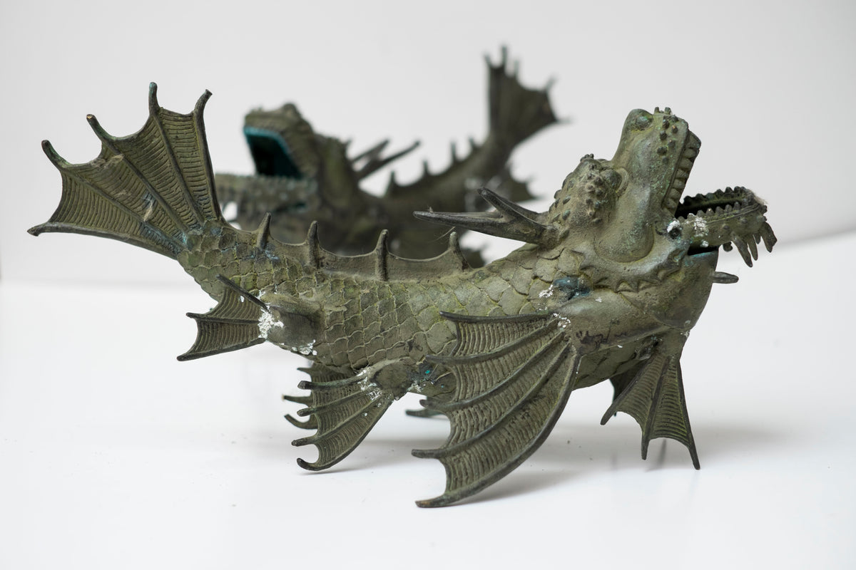 Pair Vintage Bronze Shachihoko Dragon Fish Guardians, Japanese-Inspired East Asian Mythical Sculptures, Patinated Metal Art