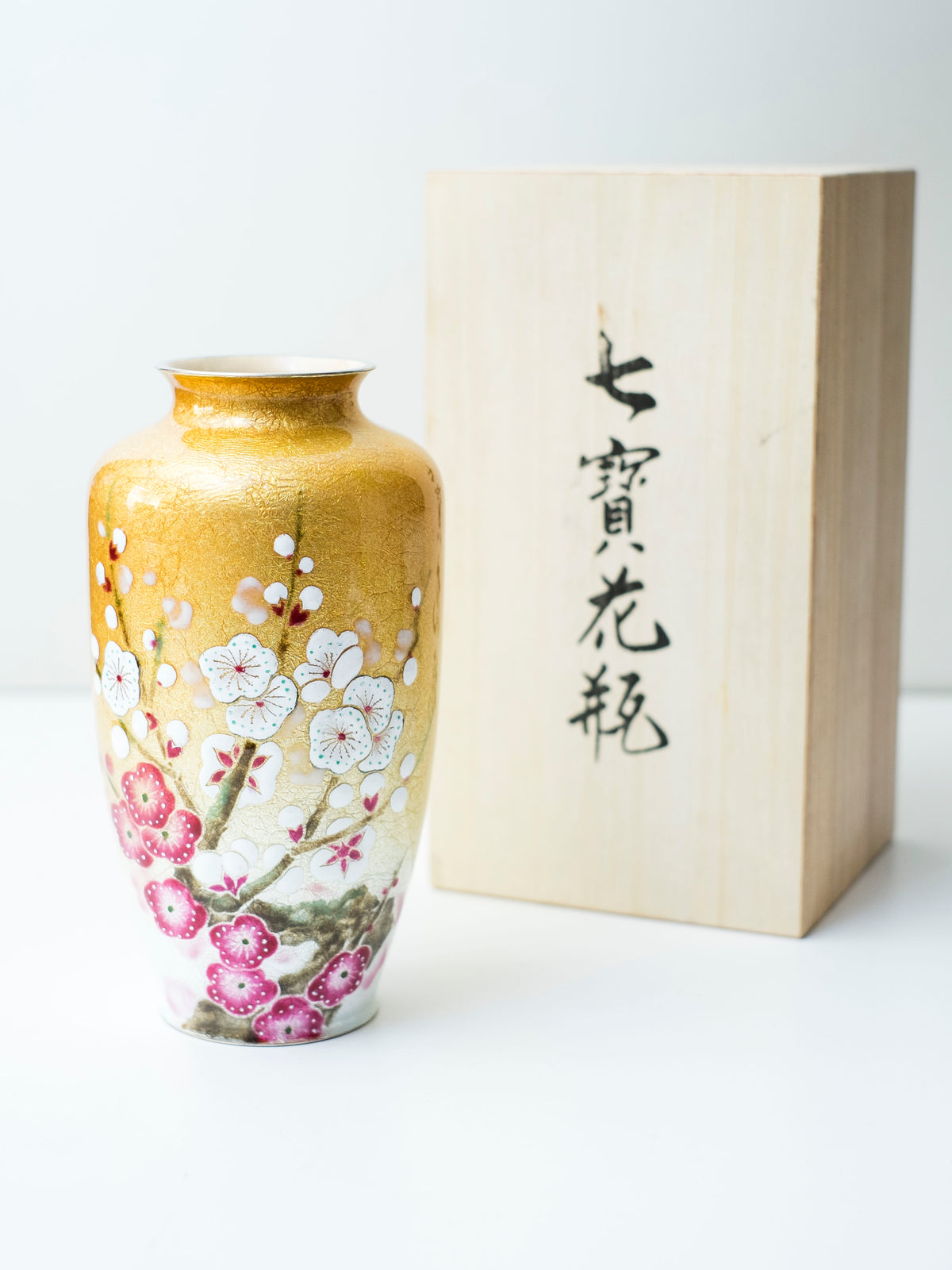Vintage Japanese Shippo Cloisonné Vase Gold Ume Plum Blossom Enamel with Inscribed Wooden Box Showa Era