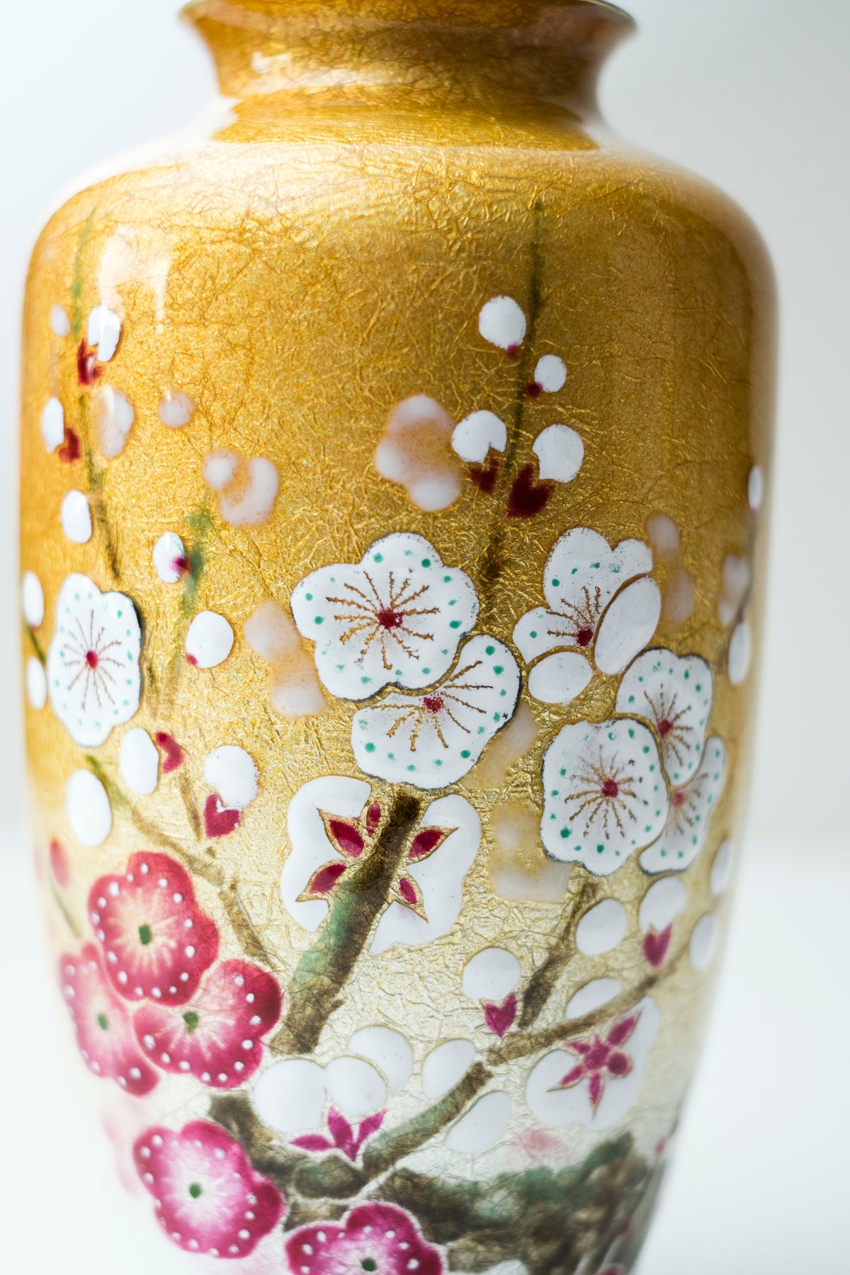 Vintage Japanese Shippo Cloisonné Vase Gold Ume Plum Blossom Enamel with Inscribed Wooden Box Showa Era