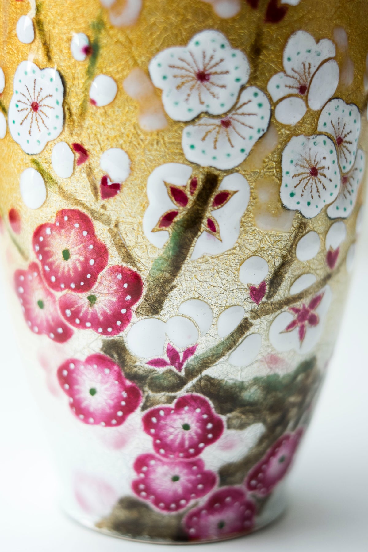 Vintage Japanese Shippo Cloisonné Vase Gold Ume Plum Blossom Enamel with Inscribed Wooden Box Showa Era