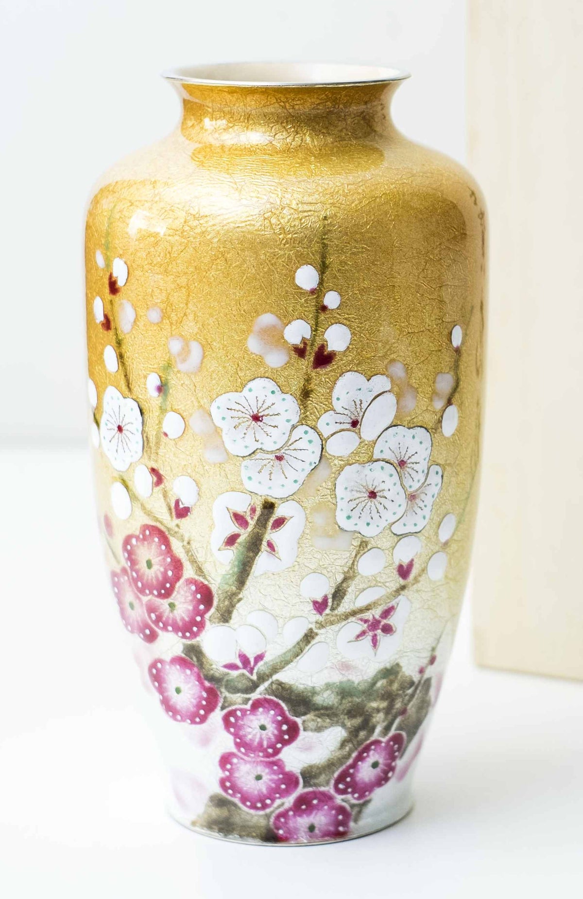 Vintage Japanese Shippo Cloisonné Vase Gold Ume Plum Blossom Enamel with Inscribed Wooden Box Showa Era