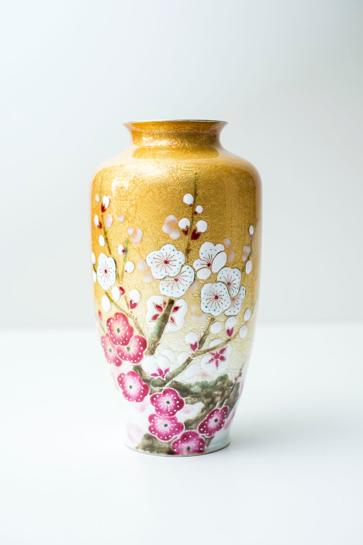 Vintage Japanese Shippo Cloisonné Vase Gold Ume Plum Blossom Enamel with Inscribed Wooden Box Showa Era