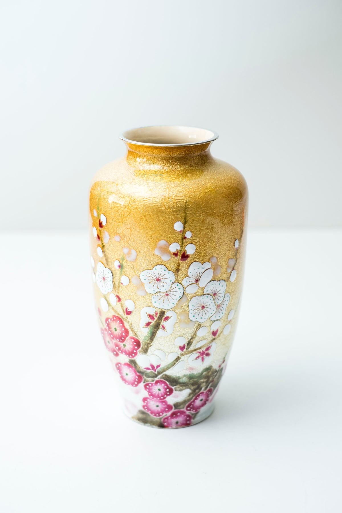 Vintage Japanese Shippo Cloisonné Vase Gold Ume Plum Blossom Enamel with Inscribed Wooden Box Showa Era
