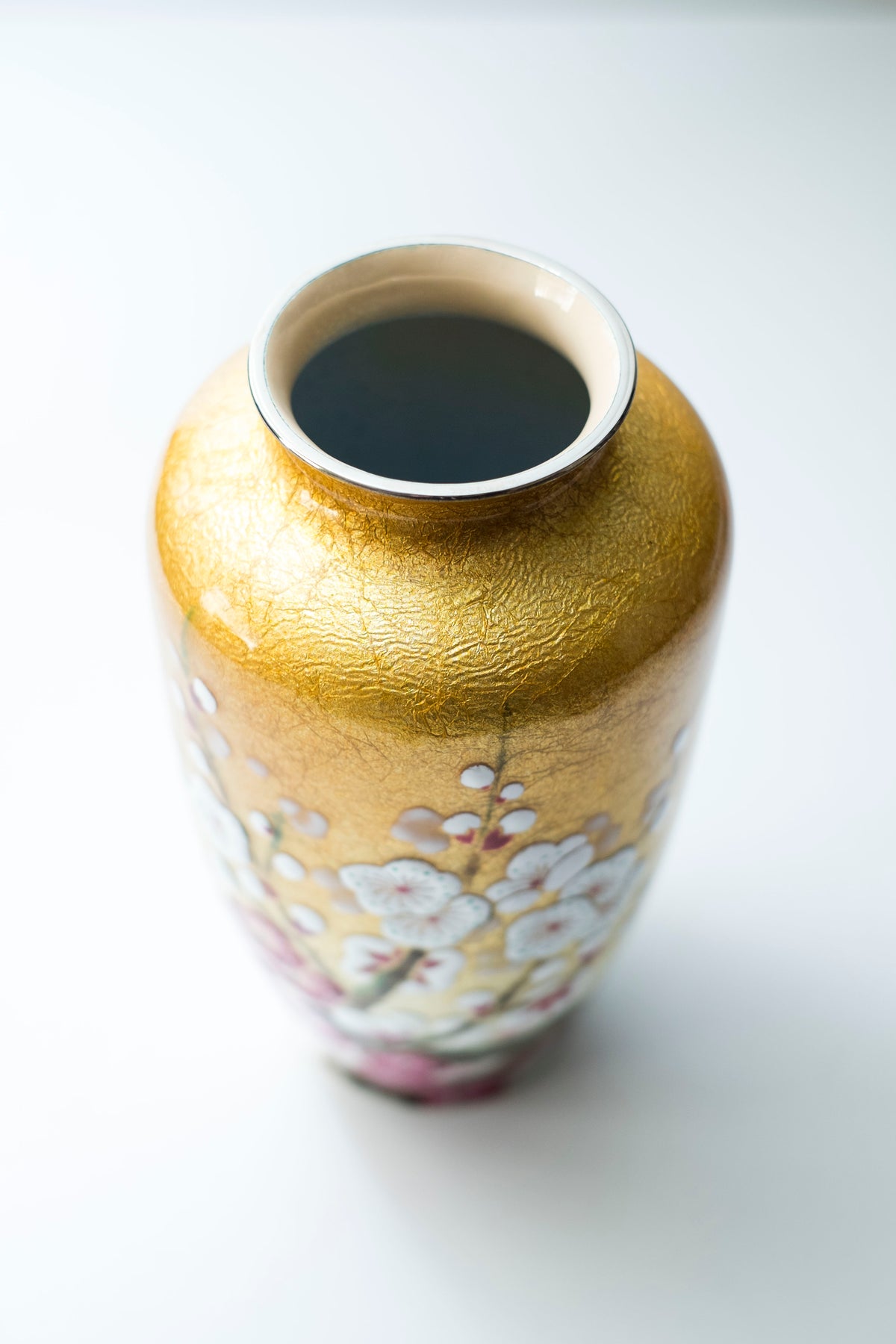 Vintage Japanese Shippo Cloisonné Vase Gold Ume Plum Blossom Enamel with Inscribed Wooden Box Showa Era