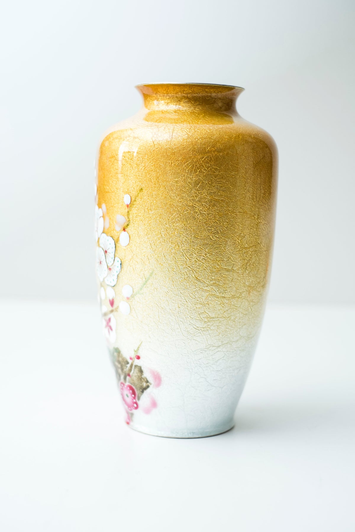Vintage Japanese Shippo Cloisonné Vase Gold Ume Plum Blossom Enamel with Inscribed Wooden Box Showa Era