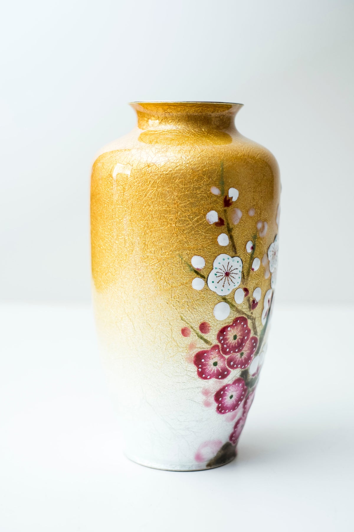 Vintage Japanese Shippo Cloisonné Vase Gold Ume Plum Blossom Enamel with Inscribed Wooden Box Showa Era