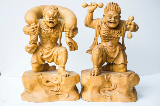 Japanese Wooden Fujin and Raijin Statue Pair, Wind and Thunder Gods as Buddhist Protector Deities