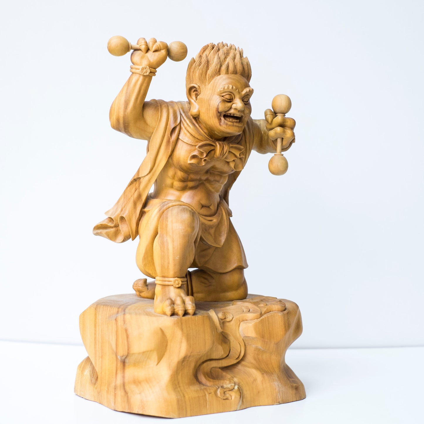 Japanese Fujin Raijin Thunder Lightning Buddhist Buddha Deva King Gods Protector Warrior Wooden Statue Pair