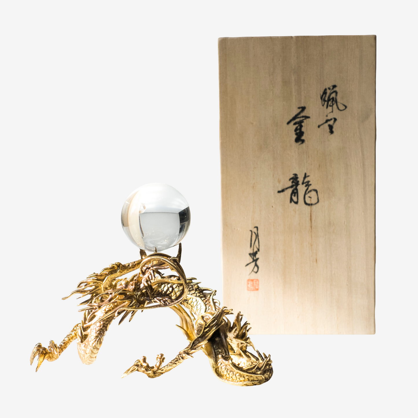 Japanese Golden Dragon Sculpture Crystal Orb Ganpo Ryu Wish Jewel Statue Feng Shui Prosperity Decor Original Kiri Box