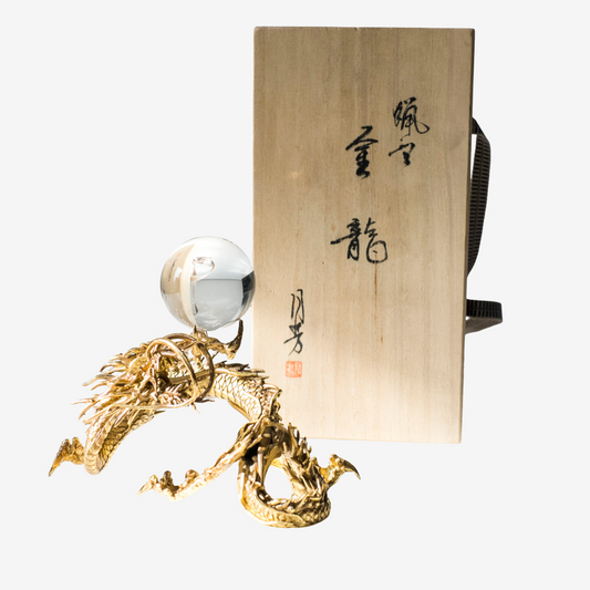 Japanese Golden Dragon Sculpture Crystal Orb Ganpo Ryu Wish Jewel Statue Feng Shui Prosperity Decor Original Kiri Box