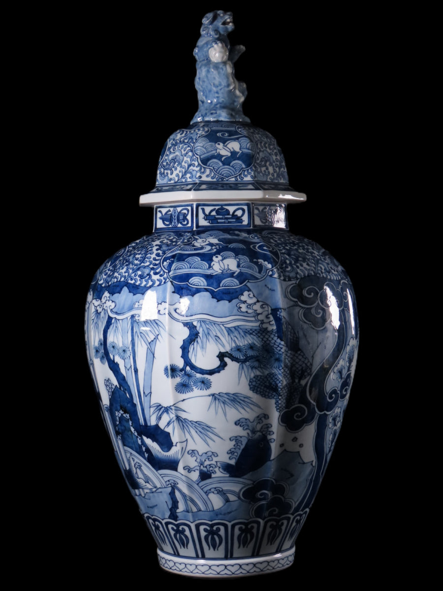 Arita Ware Monumental Lidded Jar — 6th Generation Tatebayashi Gengorō — Sometsuke Lion, Rabbit & Auspicious Motifs — 64cm Museum-Scale Masterwork