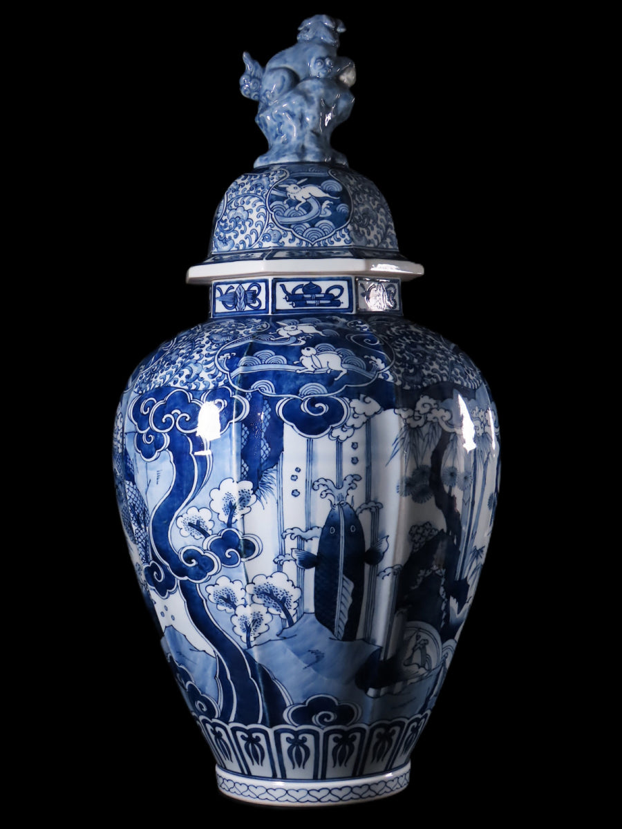 Arita Ware Monumental Lidded Jar — 6th Generation Tatebayashi Gengorō — Sometsuke Lion, Rabbit & Auspicious Motifs — 64cm Museum-Scale Masterwork