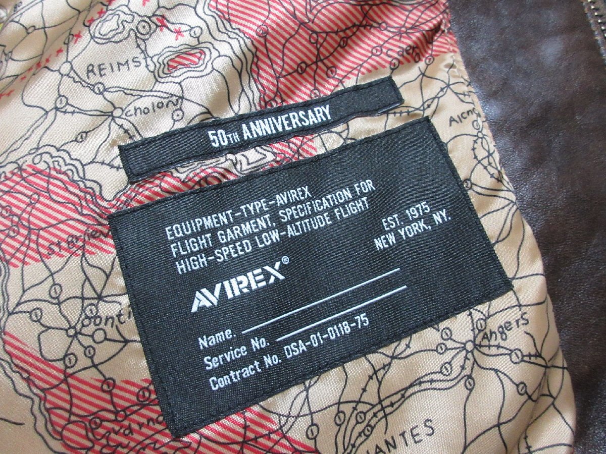 AVIREX A-2 50th Anniversary Distressed Sheepskin Flight Jacket Custom Patch Map Lining Size 42