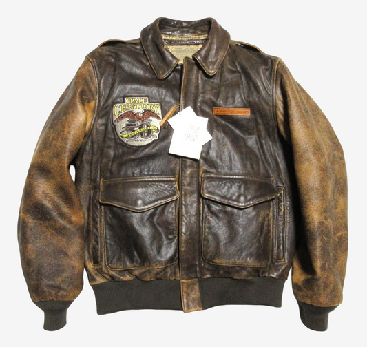 AVIREX A-2 50th Anniversary Distressed Sheepskin Flight Jacket Custom Patch Map Lining Size 42
