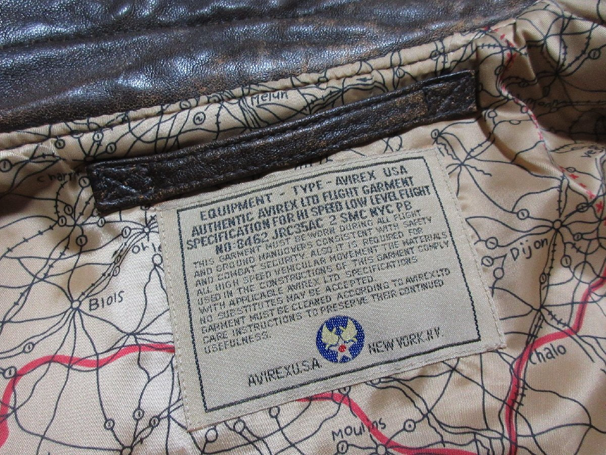 AVIREX A-2 50th Anniversary Distressed Sheepskin Flight Jacket Custom Patch Map Lining Size 42