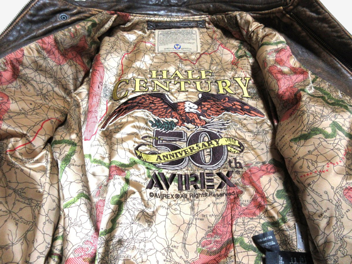 AVIREX A-2 50th Anniversary Distressed Sheepskin Flight Jacket Custom Patch Map Lining Size 42