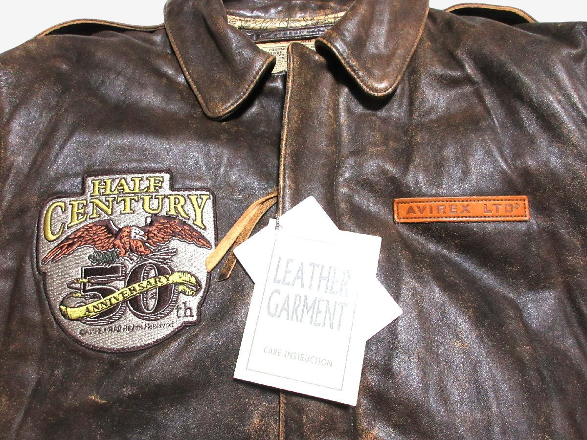 AVIREX A-2 50th Anniversary Distressed Sheepskin Flight Jacket Custom Patch Map Lining Size 42