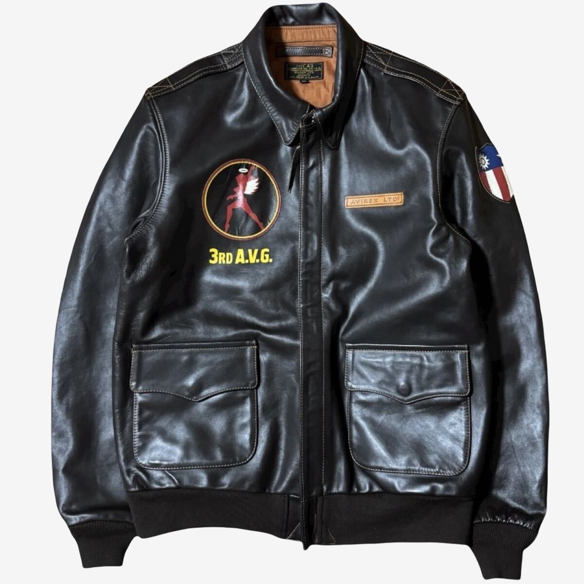 AVIREX A-2 Leather Flight Jacket Flying Tigers American Volunteer Group Back Paint Brown Size 40 Military Style