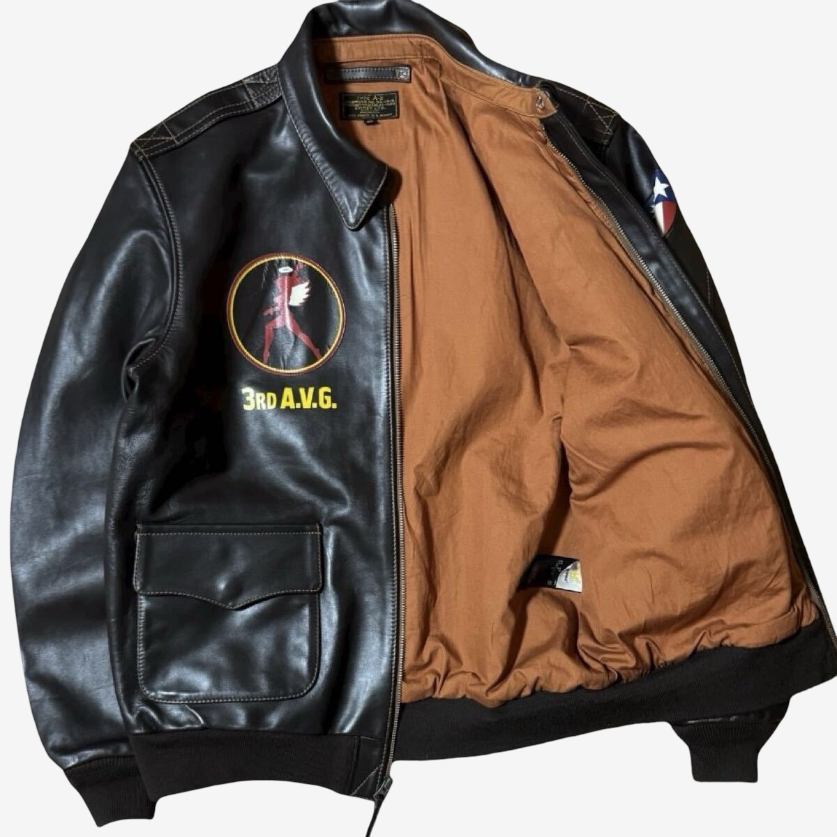 AVIREX A-2 Leather Flight Jacket Flying Tigers American Volunteer Group Back Paint Brown Size 40 Military Style