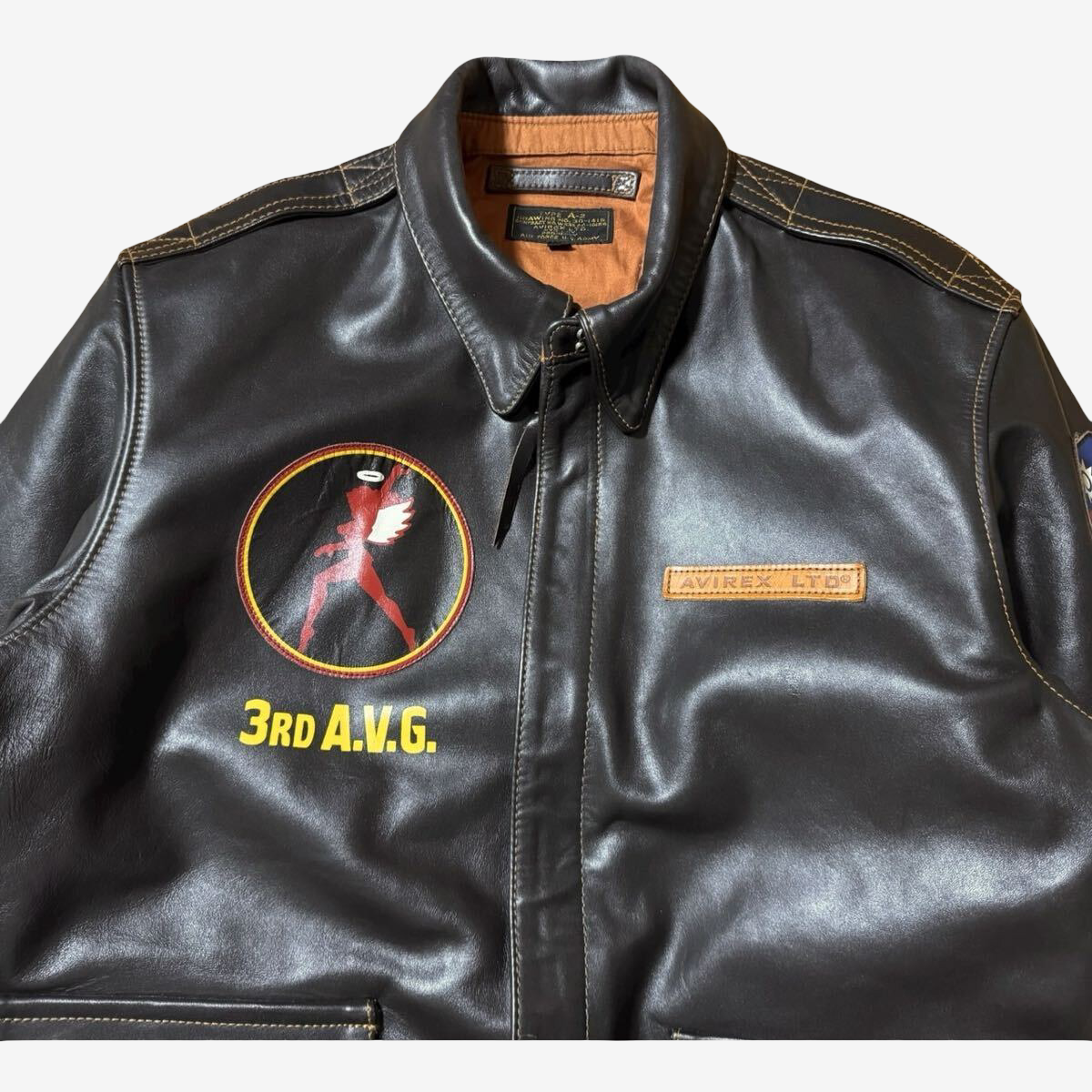 AVIREX A-2 Leather Flight Jacket Flying Tigers American Volunteer Group Back Paint Brown Size 40 Military Style