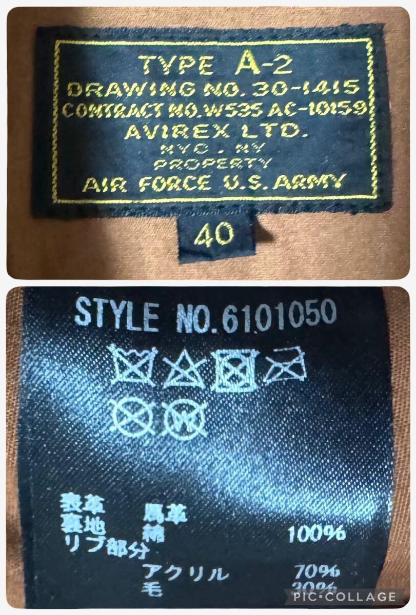AVIREX A-2 Leather Flight Jacket Flying Tigers American Volunteer Group Back Paint Brown Size 40 Military Style
