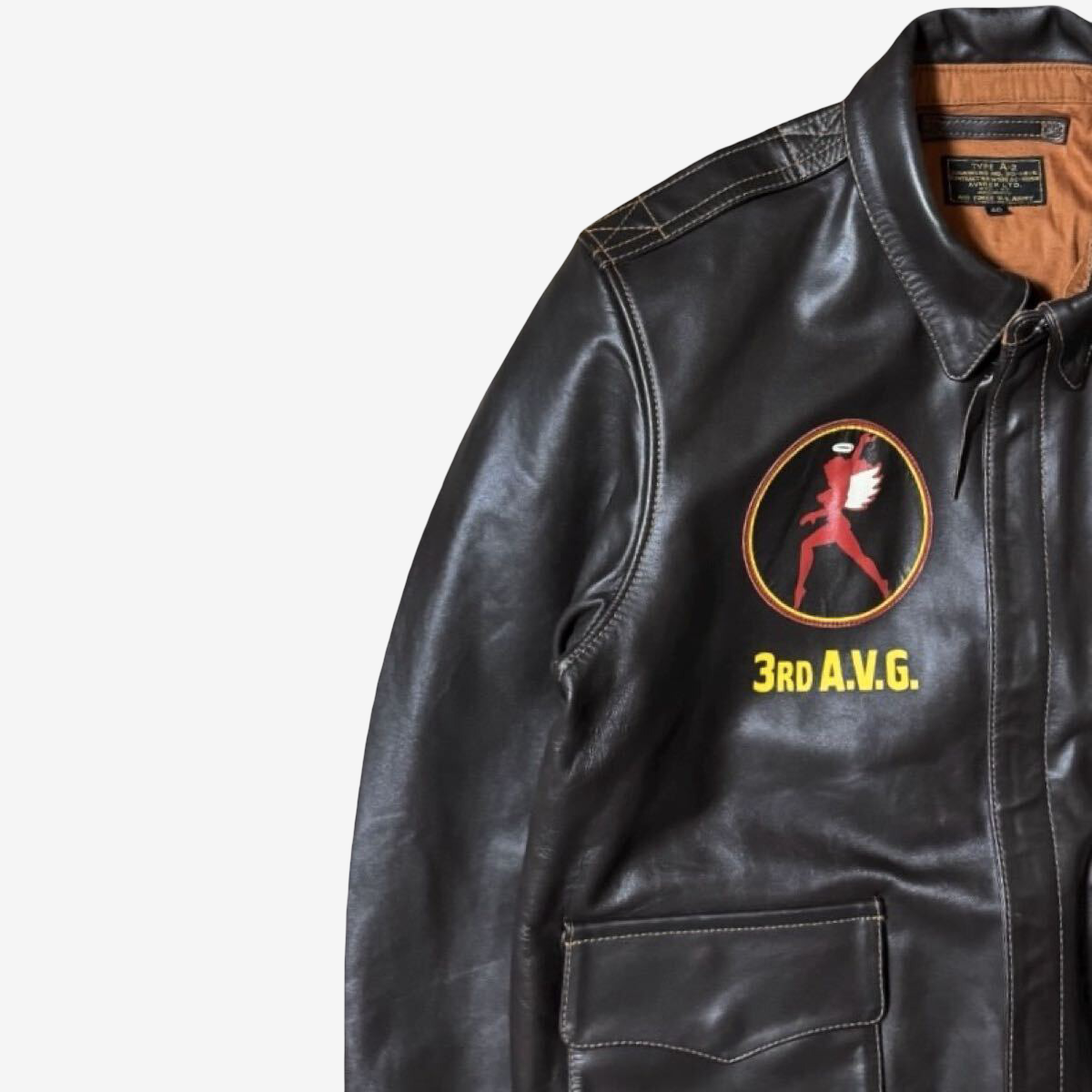 AVIREX A-2 Leather Flight Jacket Flying Tigers American Volunteer Group Back Paint Brown Size 40 Military Style