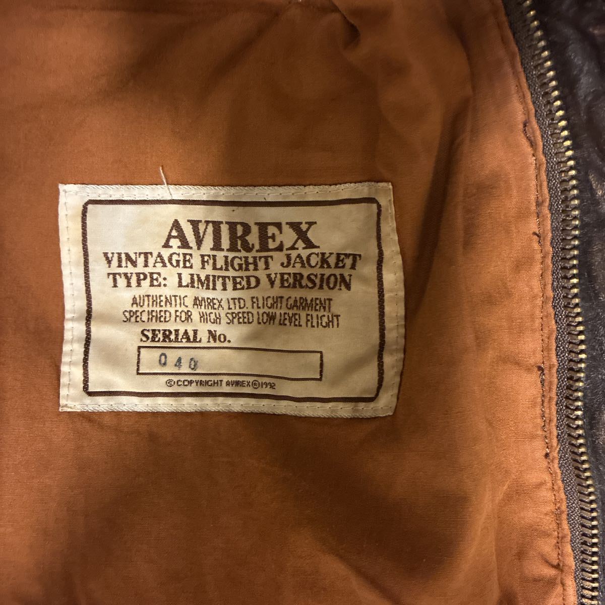 AVIREX Limited Version A-2 Leather Flight Jacket Serial 040 1992 Patch Back Art Distressed Vintage Style