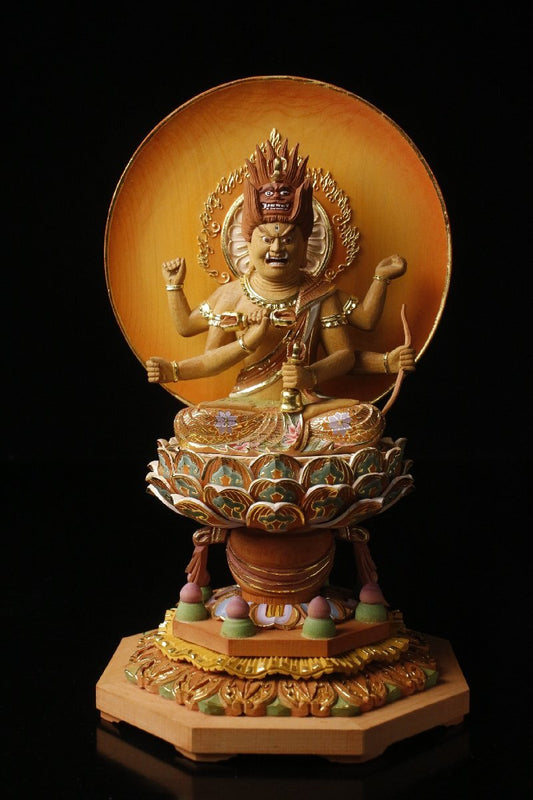 Aizen Myōō (Rāgarāja) Wooden Gilt Polychrome Statue, Edo Period Revival Style, 27cm — Esoteric Buddhism Guardian Deity