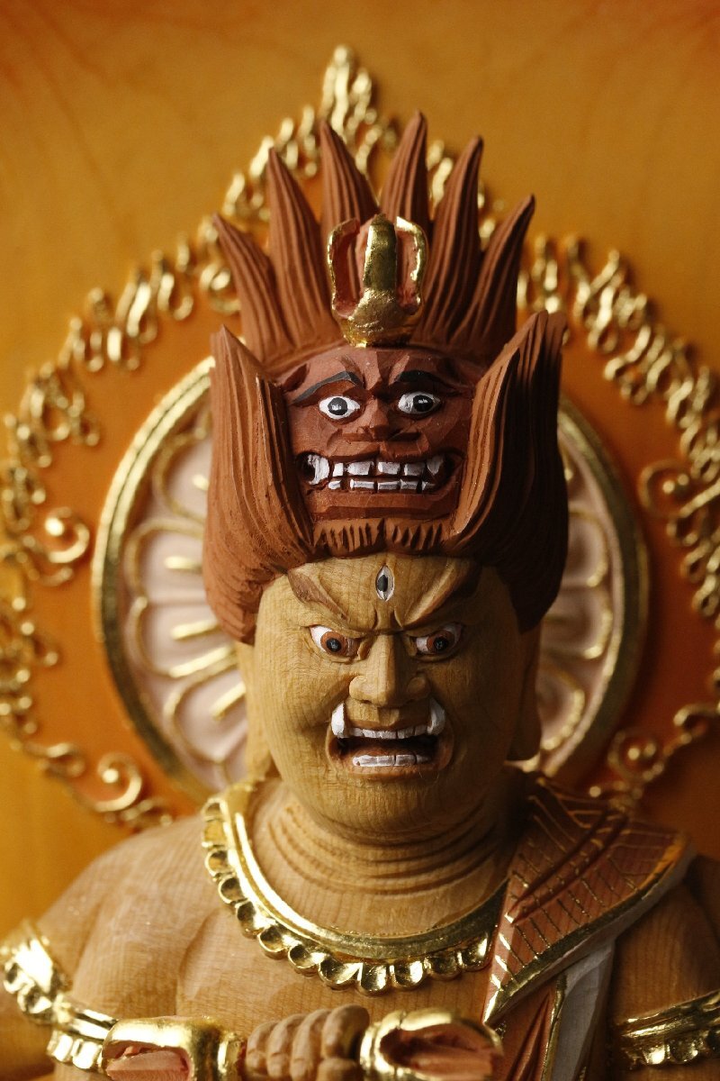 Aizen Myōō (Rāgarāja) Wooden Gilt Polychrome Statue, Edo Period Revival Style, 27cm — Esoteric Buddhism Guardian Deity