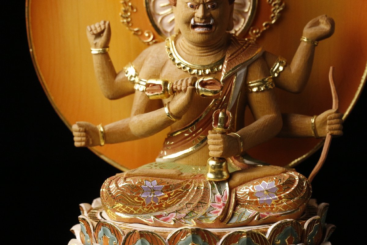 Aizen Myōō (Rāgarāja) Wooden Gilt Polychrome Statue, Edo Period Revival Style, 27cm — Esoteric Buddhism Guardian Deity