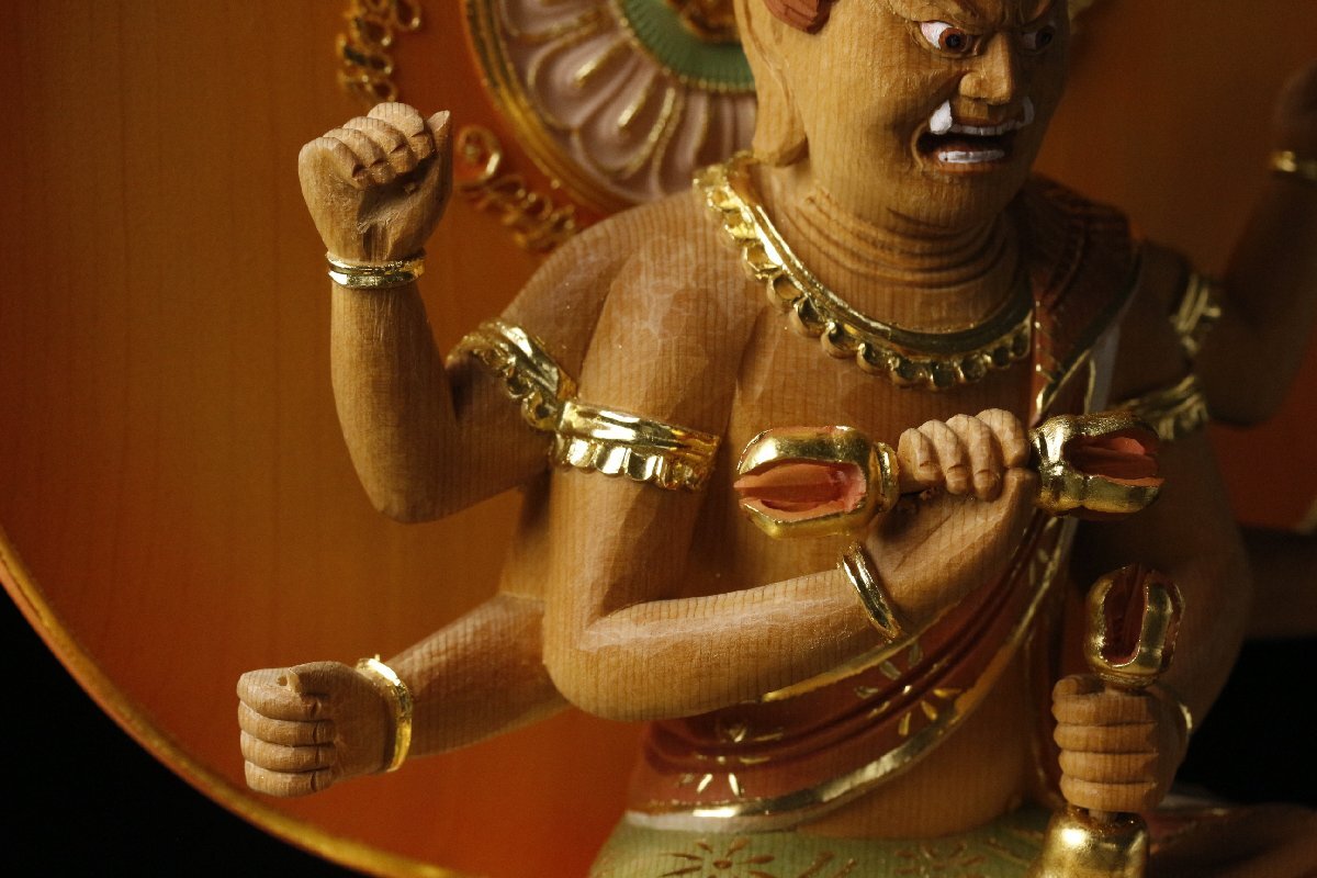 Aizen Myōō (Rāgarāja) Wooden Gilt Polychrome Statue, Edo Period Revival Style, 27cm — Esoteric Buddhism Guardian Deity