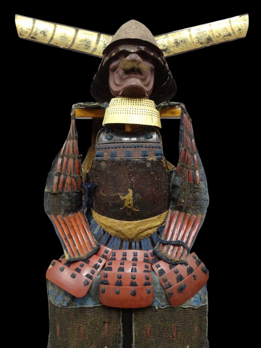 Aka-Odoshi Style Gusoku Display Armor | Horned Kabuto + Menpo Mask | Japanese Samurai Armor Art Object