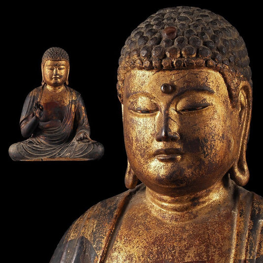 Amida Nyorai (Amitabha) — Gilt-Lacquered Wooden Seated Buddha, 21 cm | Japanese Devotional Sculpture for Home Altar & Study