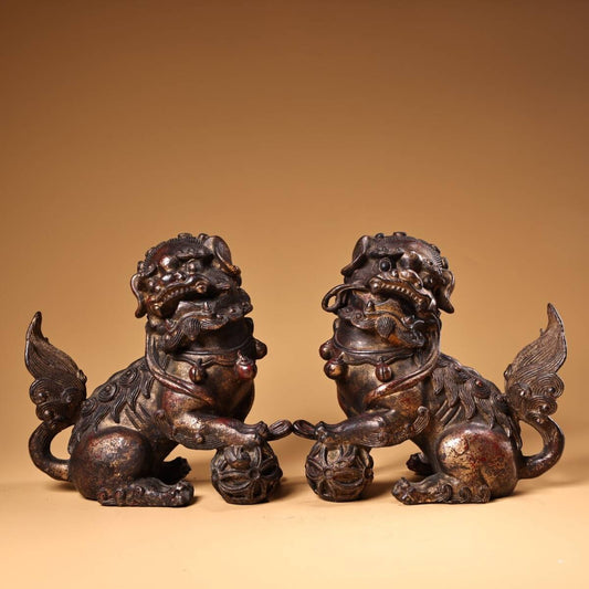 Antique Bronze Komainu Shishi Guardian Pair | Japanese Shrine Lion-Dogs | Fine Castwork & Deep Patina | 20 cm | 4.7 kg Pair