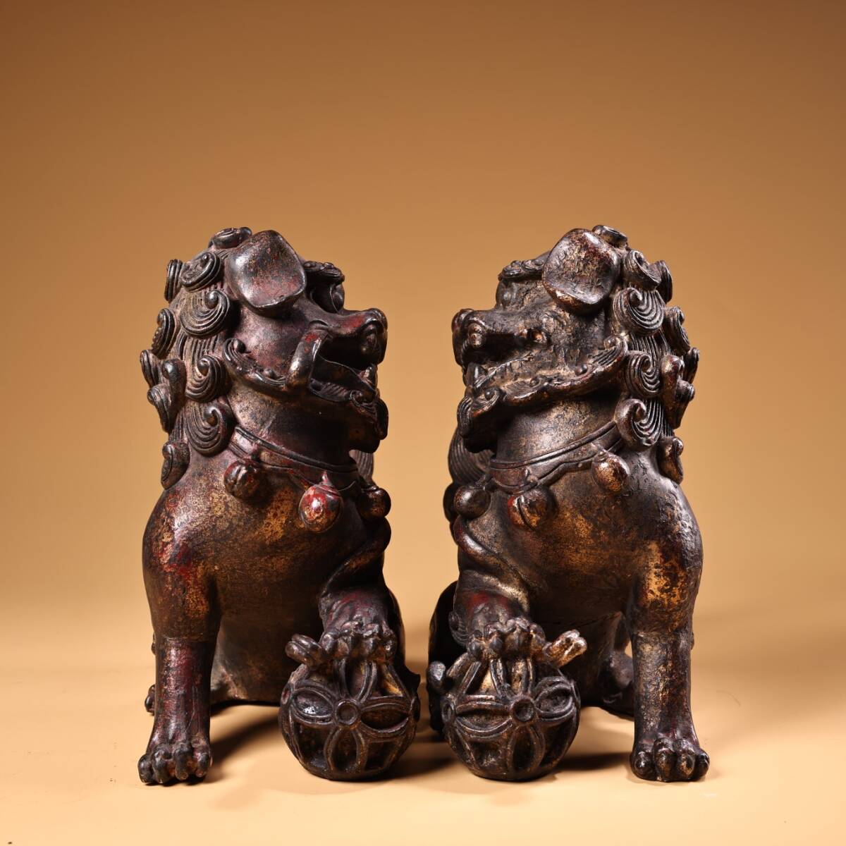 Antique Bronze Komainu Shishi Guardian Pair | Japanese Shrine Lion-Dogs | Fine Castwork & Deep Patina | 20 cm | 4.7 kg Pair