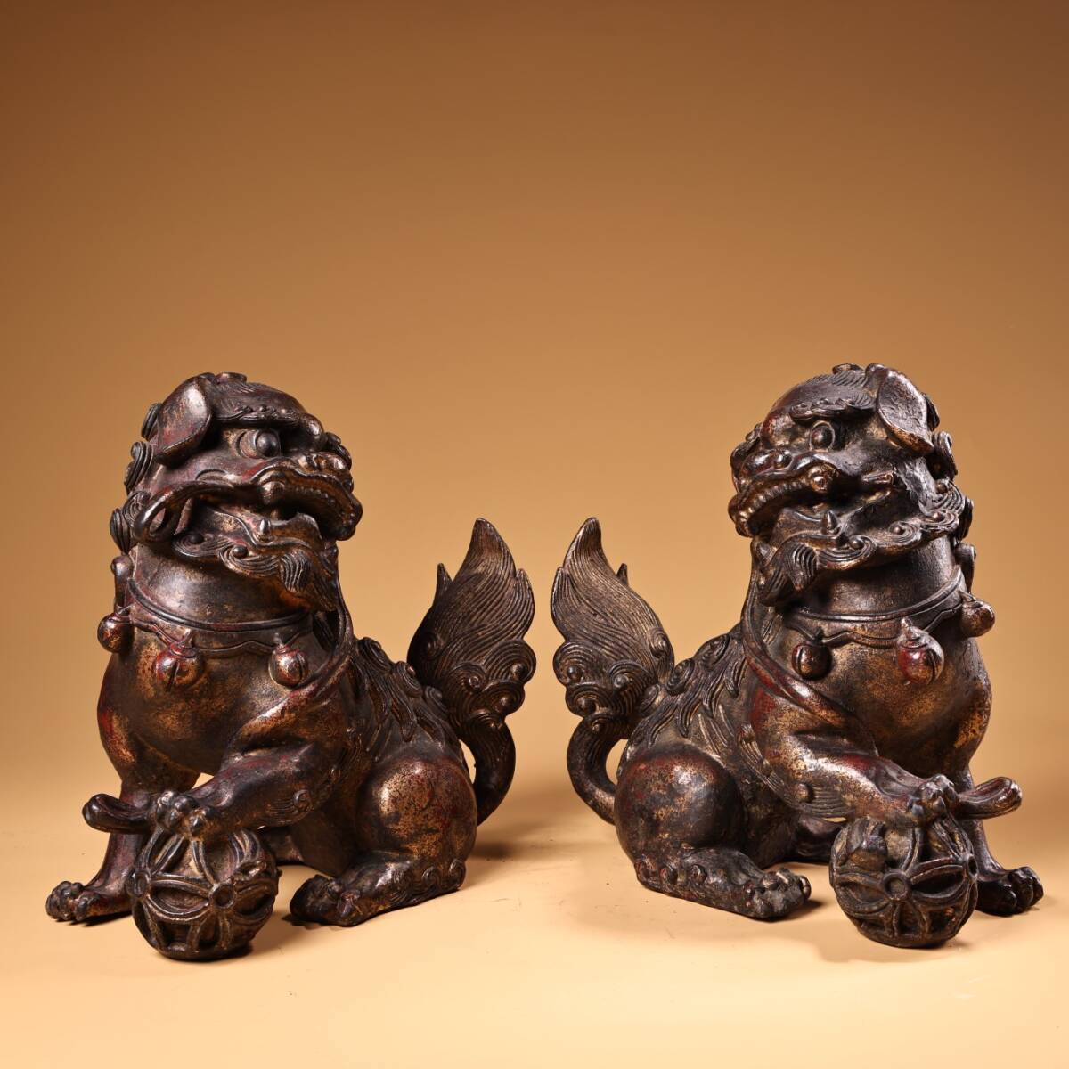 Antique Bronze Komainu Shishi Guardian Pair | Japanese Shrine Lion-Dogs | Fine Castwork & Deep Patina | 20 cm | 4.7 kg Pair