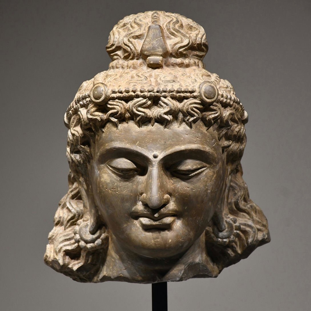 Antique Gandhara Grey Schist Buddha Head Fragment Bust, Kushan-Era Style Stone Sculpture Study Piece, 38cm