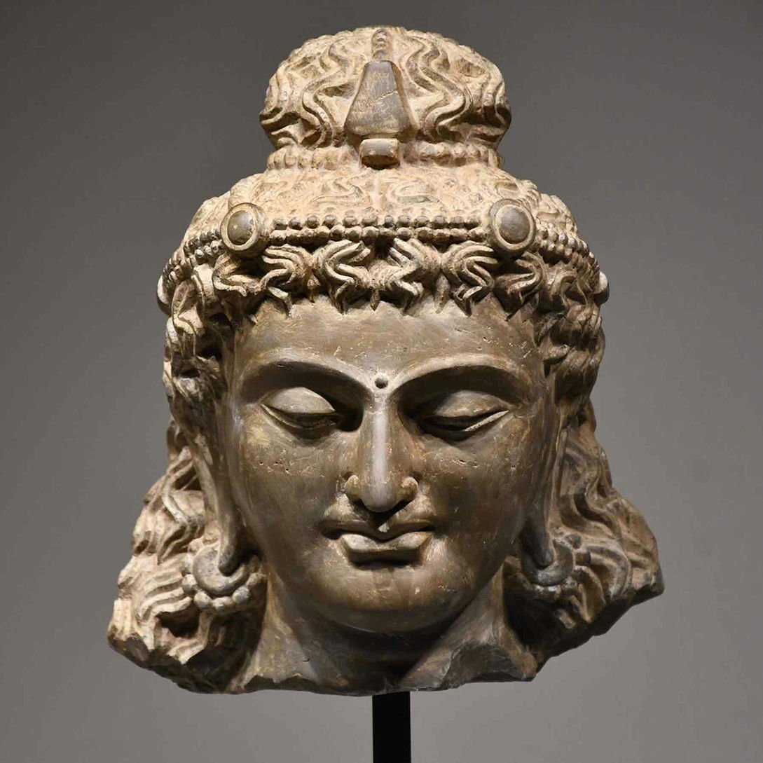 Antique Gandhara Grey Schist Buddha Head Fragment Bust, Kushan-Era Style Stone Sculpture Study Piece, 38cm