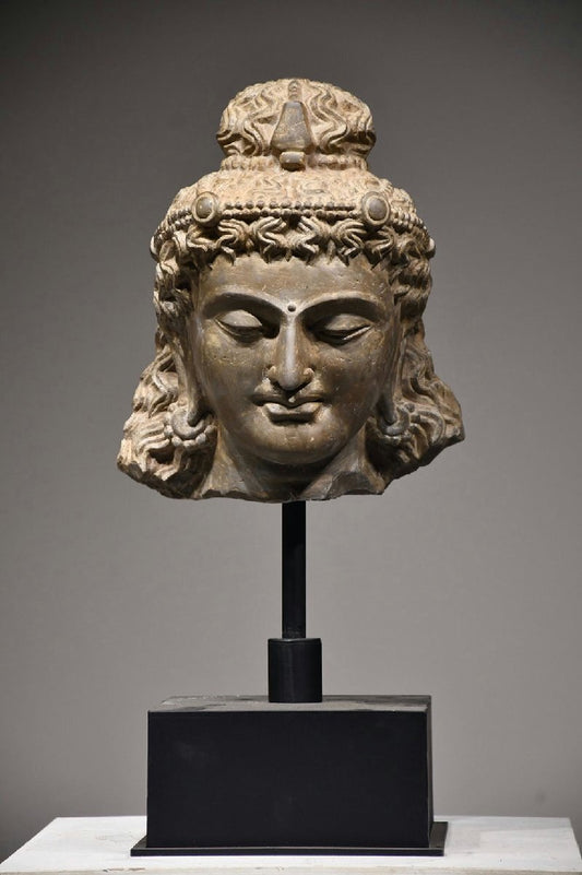 Antique Gandhara Grey Schist Buddha Head Fragment Bust, Kushan-Era Style Stone Sculpture Study Piece, 38cm