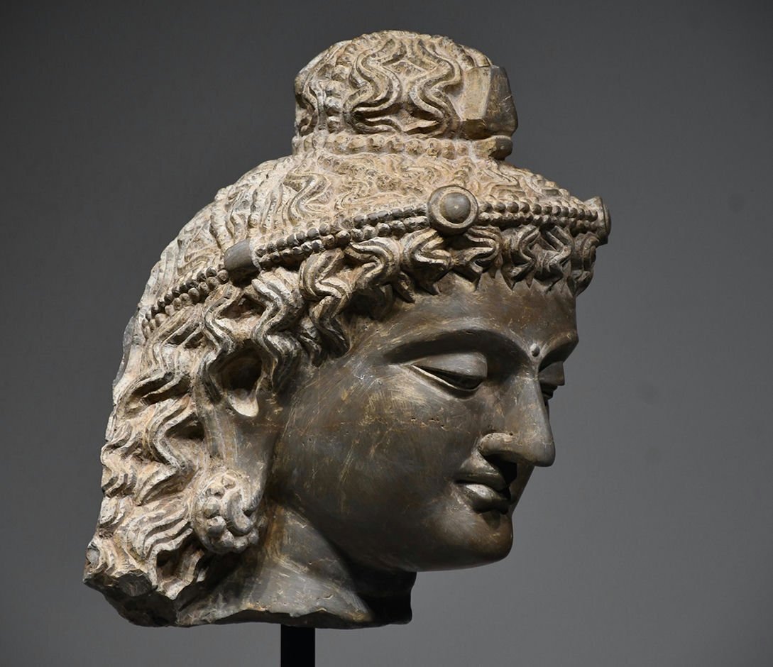 Antique Gandhara Grey Schist Buddha Head Fragment Bust, Kushan-Era Style Stone Sculpture Study Piece, 38cm