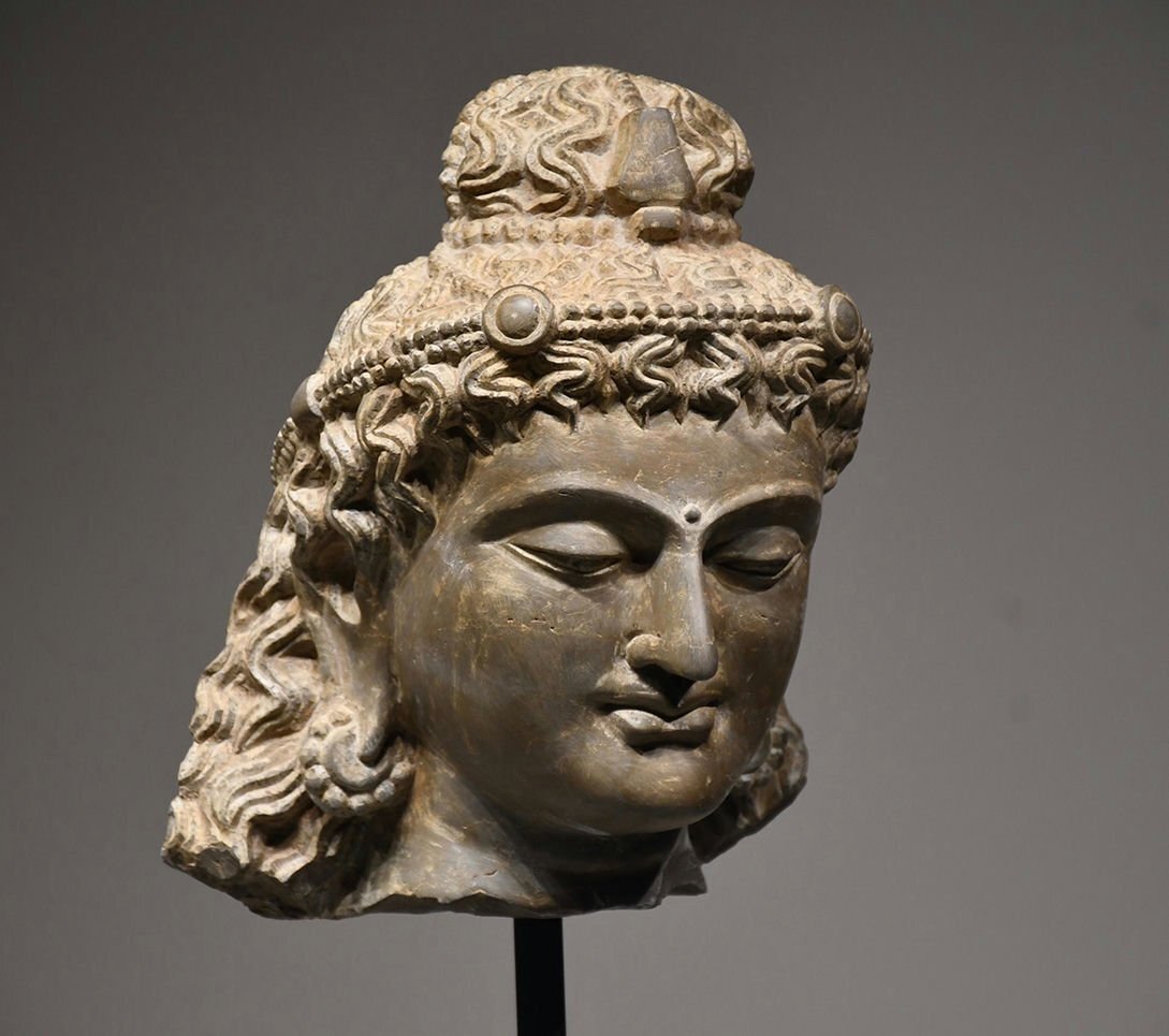 Antique Gandhara Grey Schist Buddha Head Fragment Bust, Kushan-Era Style Stone Sculpture Study Piece, 38cm