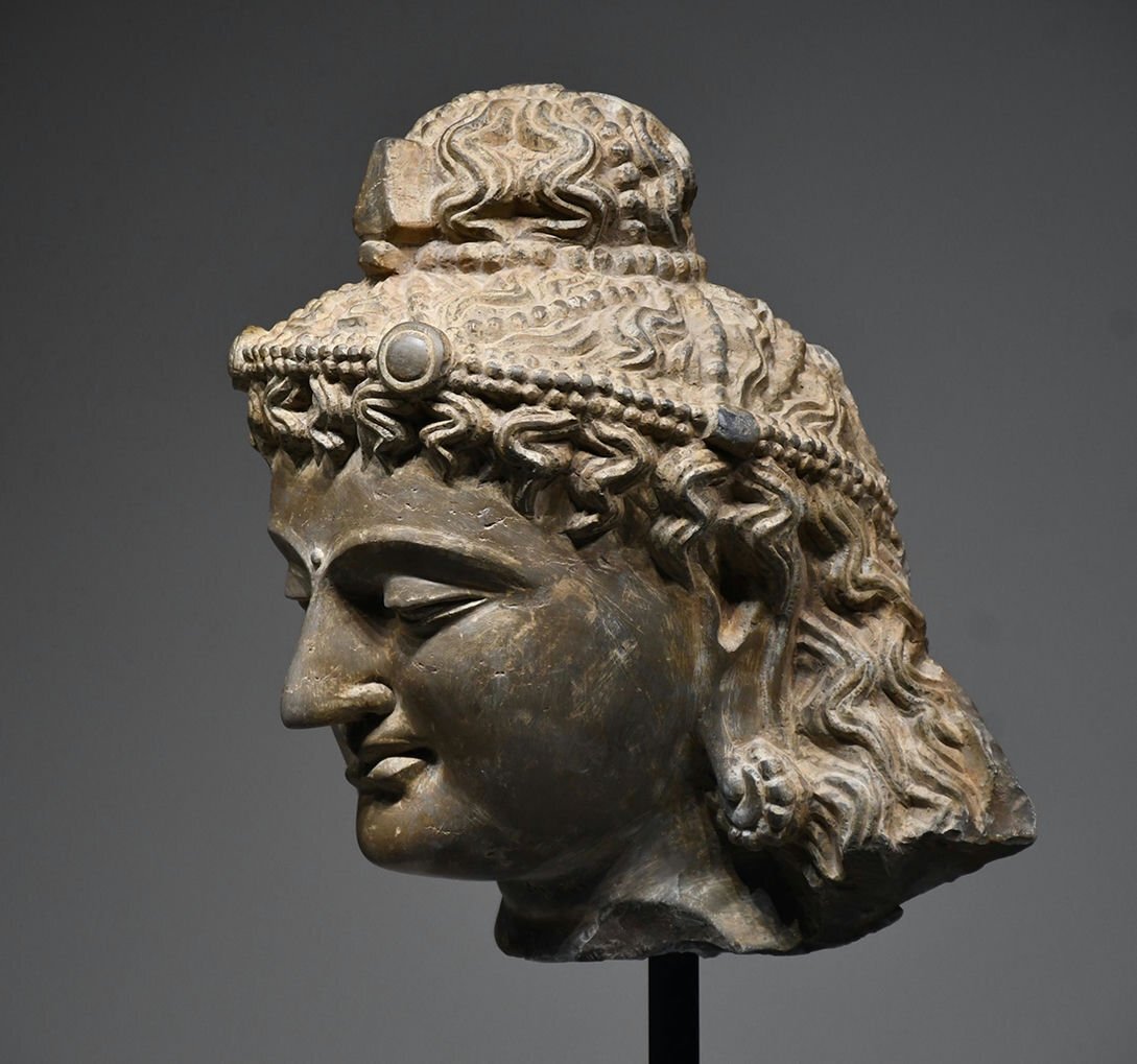 Antique Gandhara Grey Schist Buddha Head Fragment Bust, Kushan-Era Style Stone Sculpture Study Piece, 38cm