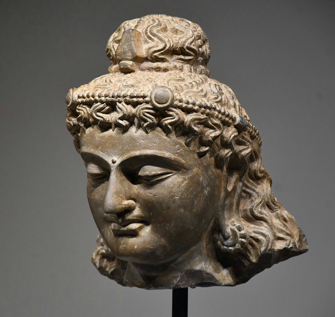 Antique Gandhara Grey Schist Buddha Head Fragment Bust, Kushan-Era Style Stone Sculpture Study Piece, 38cm