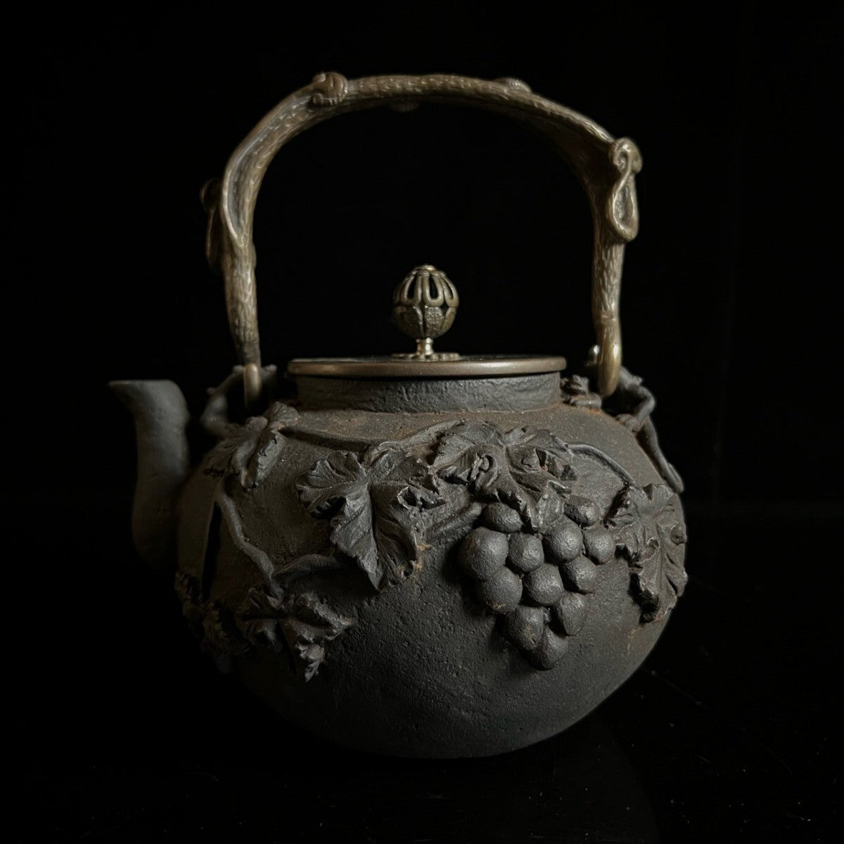 Antique Japanese Cast-Iron Tetsubin Kettle — Grapevine Relief, Sculptural Handle