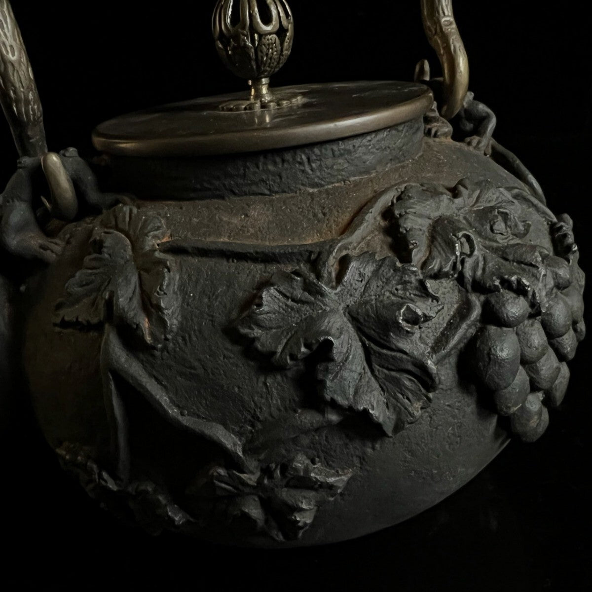 Antique Japanese Cast-Iron Tetsubin Kettle — Grapevine Relief, Sculptural Handle