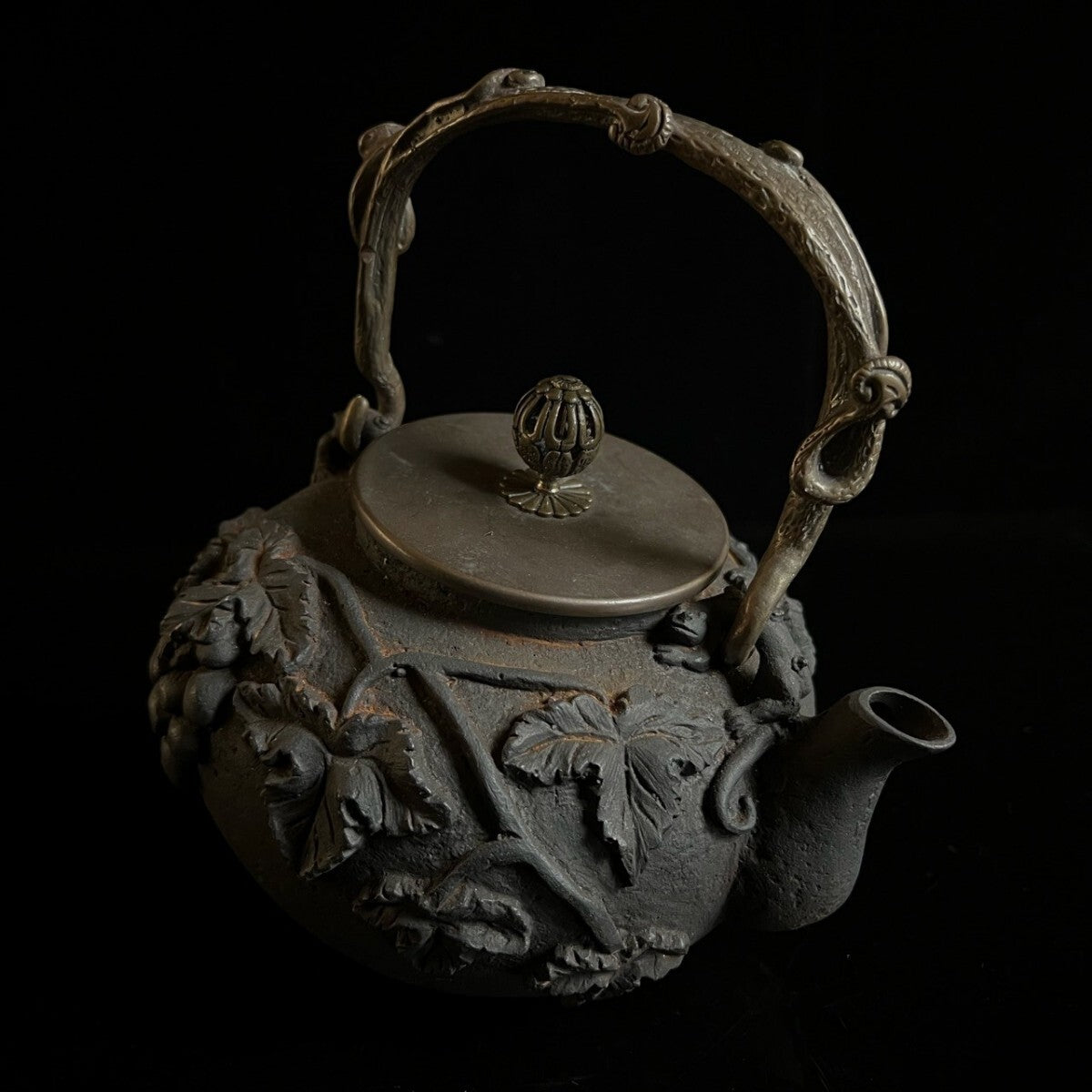 Antique Japanese Cast-Iron Tetsubin Kettle — Grapevine Relief, Sculptural Handle