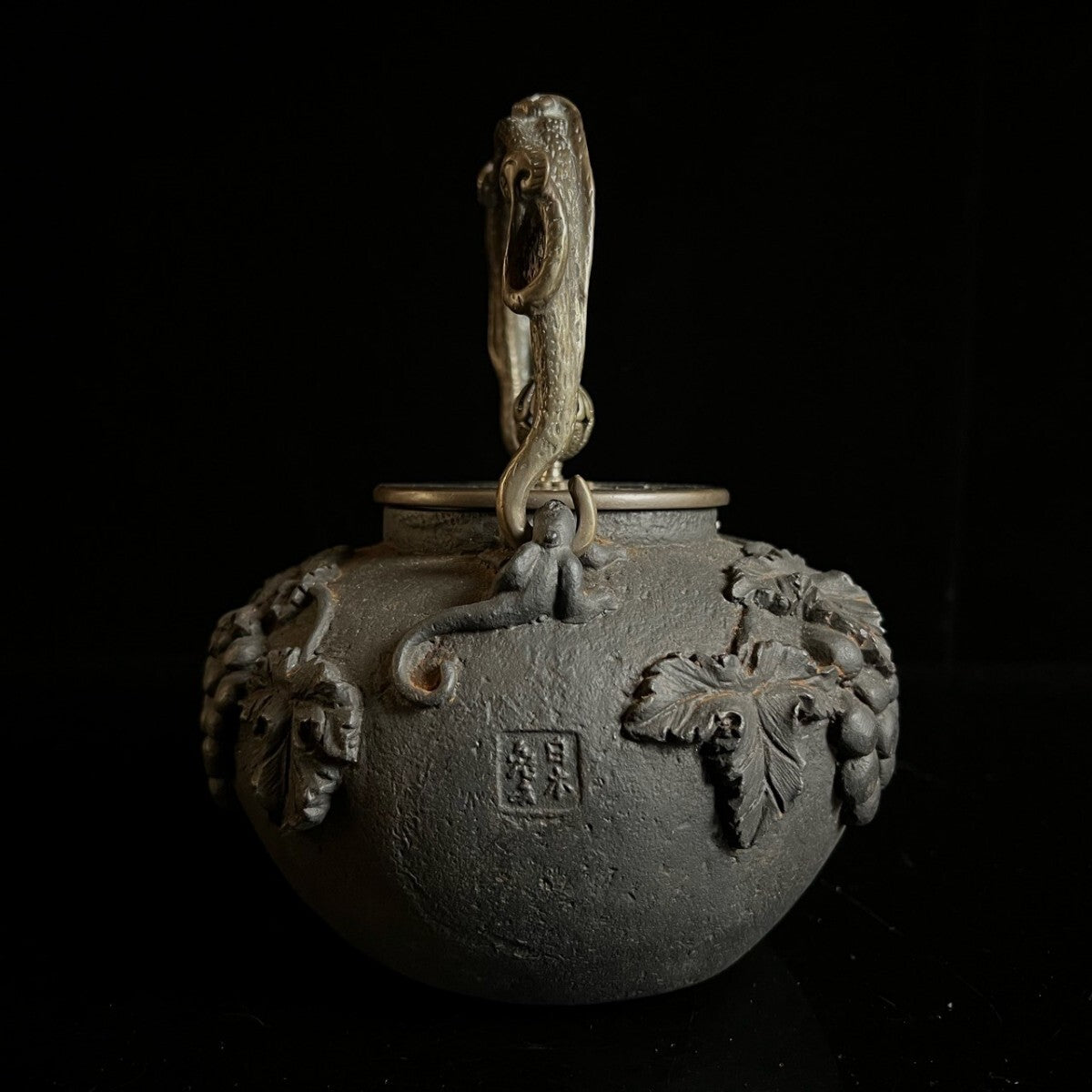 Antique Japanese Cast-Iron Tetsubin Kettle — Grapevine Relief, Sculptural Handle