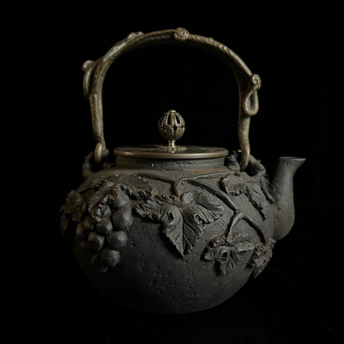 Antique Japanese Cast-Iron Tetsubin Kettle — Grapevine Relief, Sculptural Handle